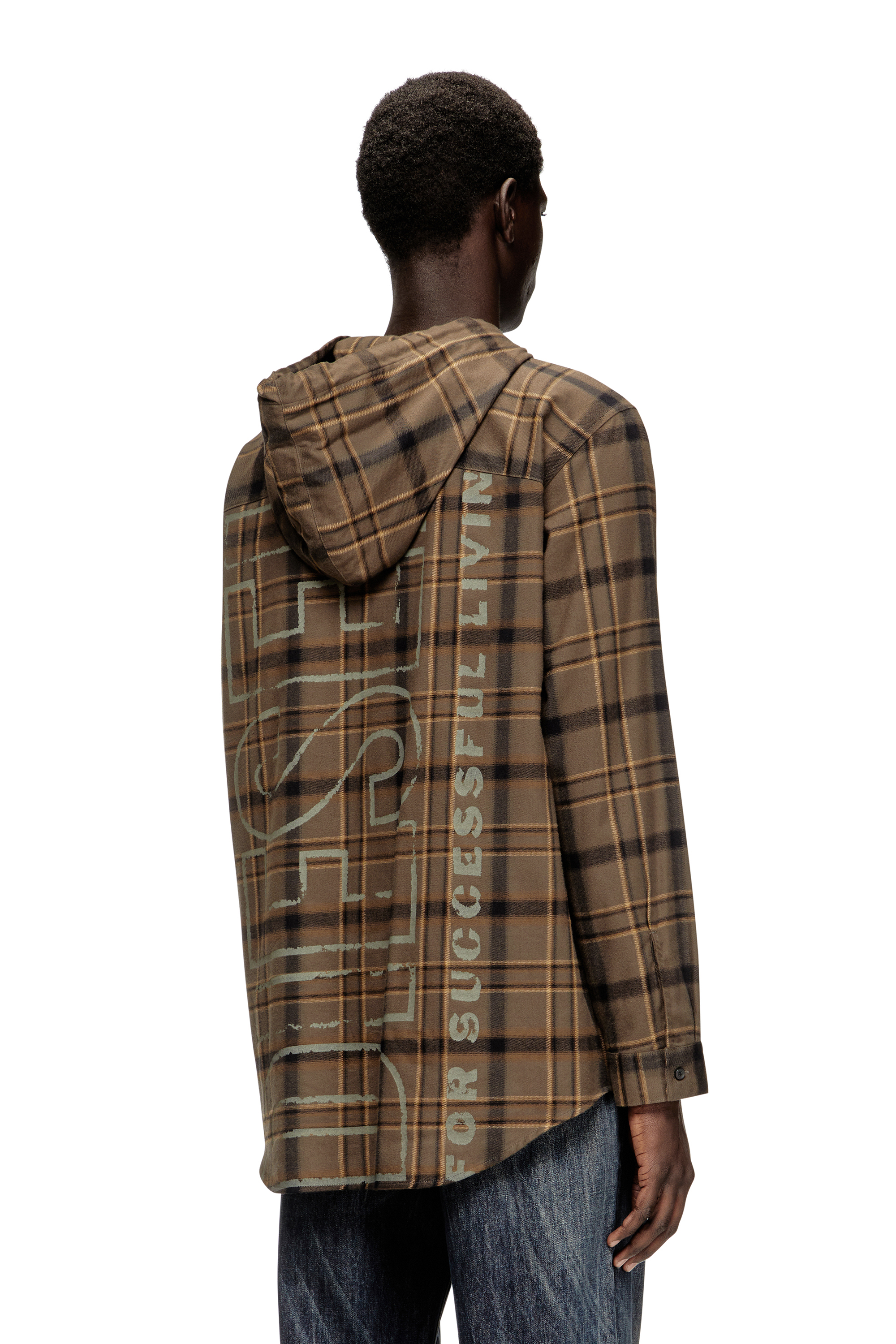 Diesel - S-IX, Camisa con capucha de franela a cuadros con logo Hombre in Marrón - 4