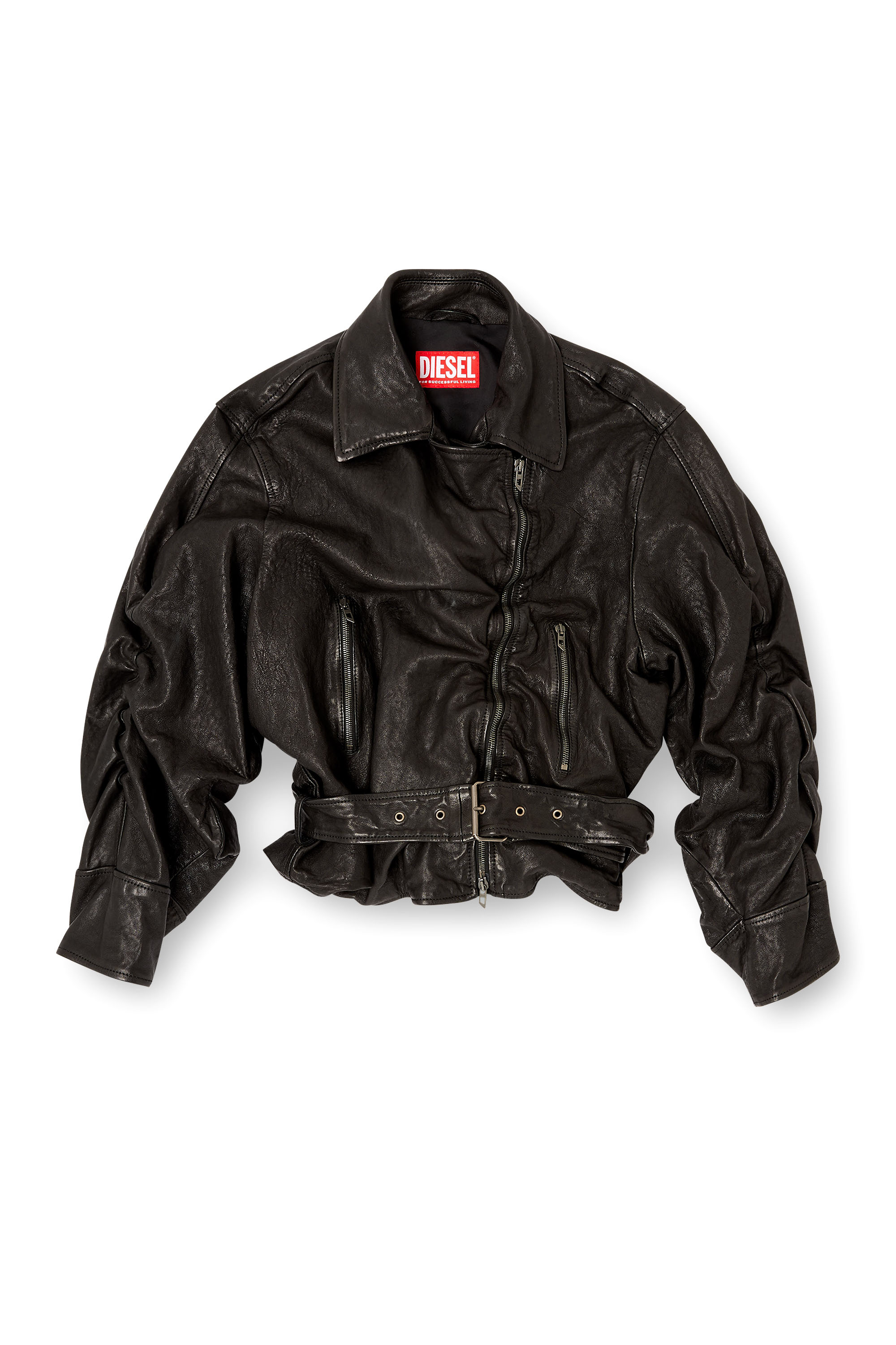 Diesel - L-OYS, Chaqueta con cinturón en cuero hervido Mujer in Negro - 2