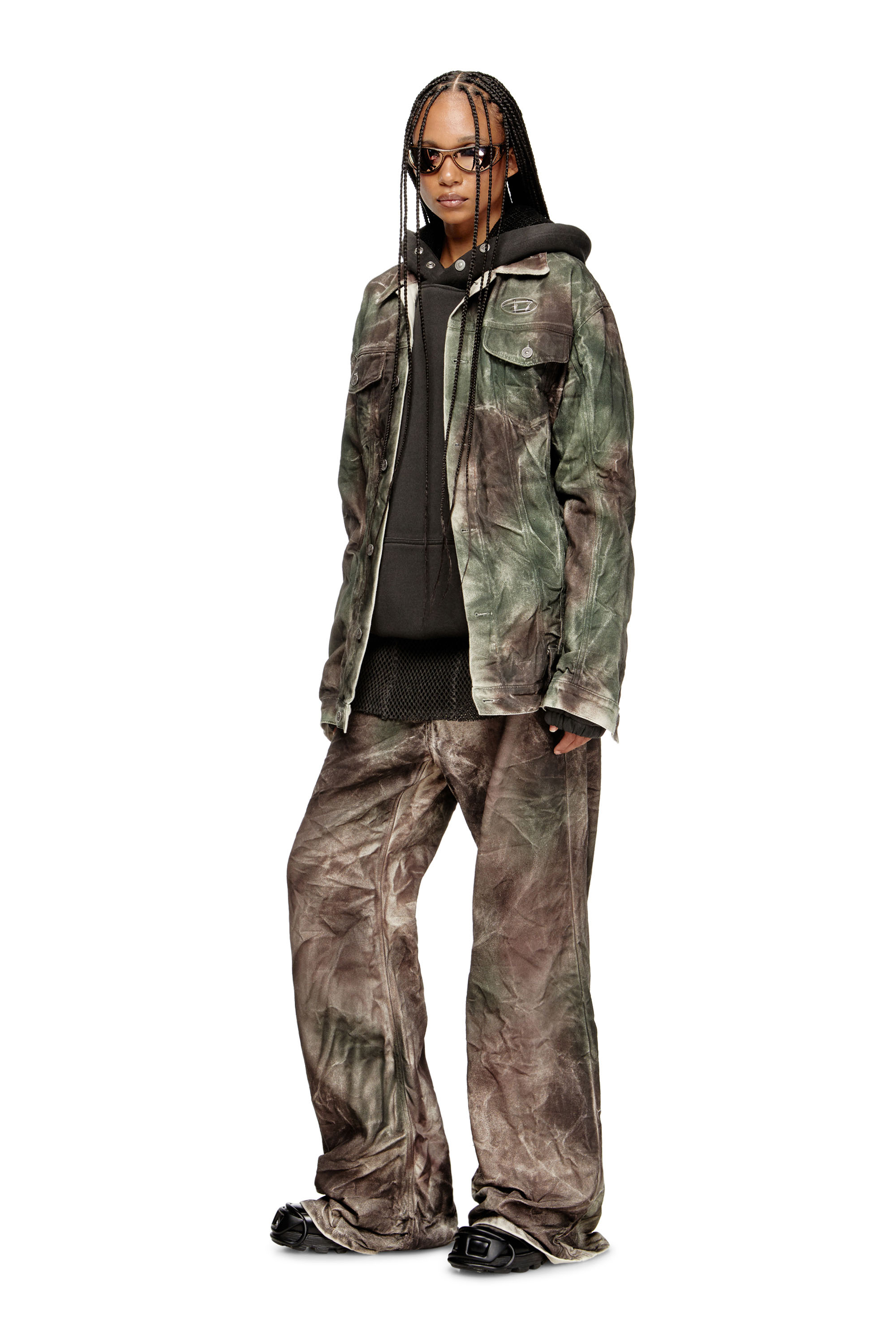 Diesel - J-THUG-JKT, Unisex's Trucker jacket in crinkled camo canvas in Brown/Green - 4