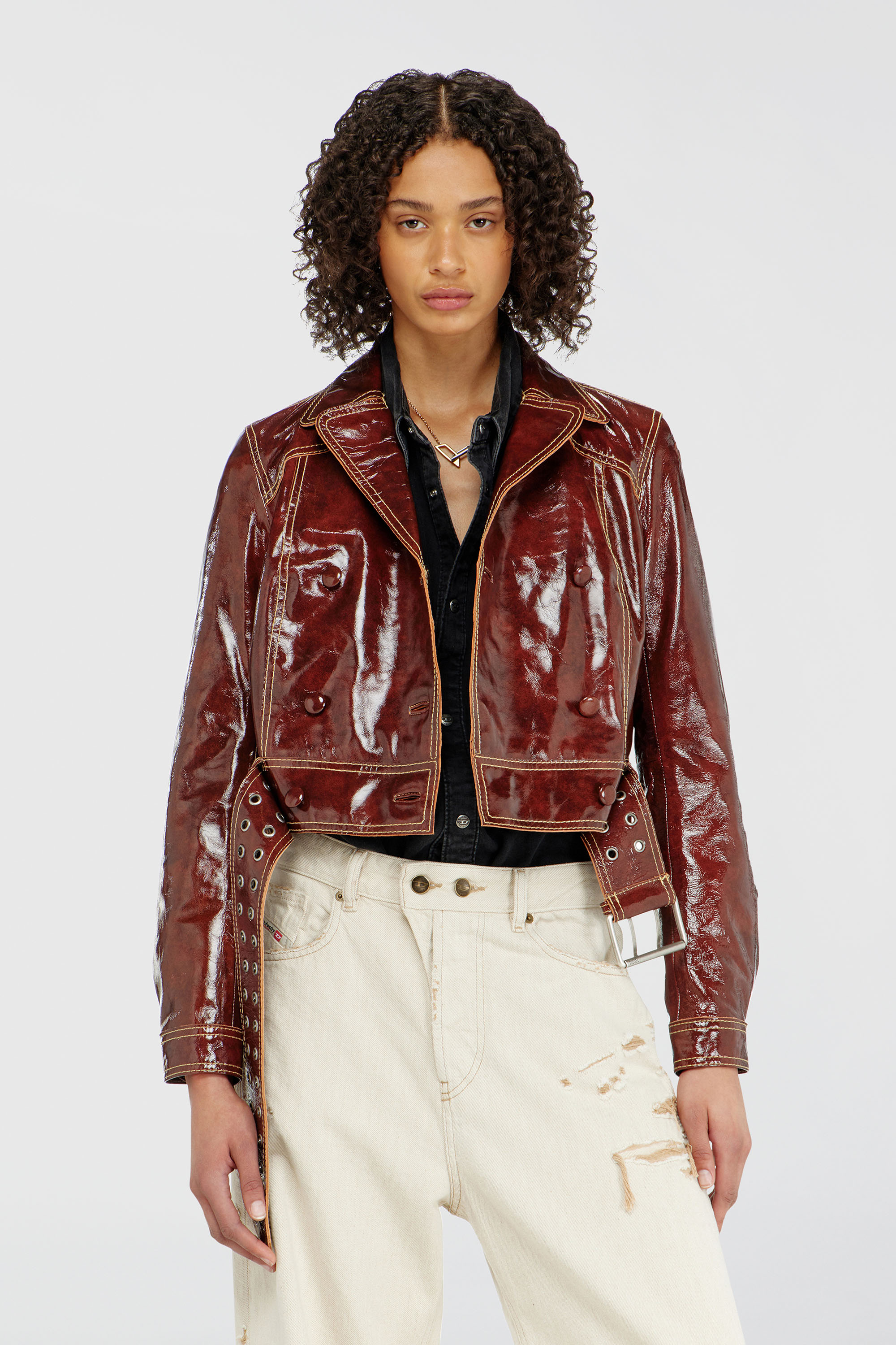 Diesel - L-EGEND, Chaqueta de charol con cintur&oacute;n ancho Mujer in Rojo - 3