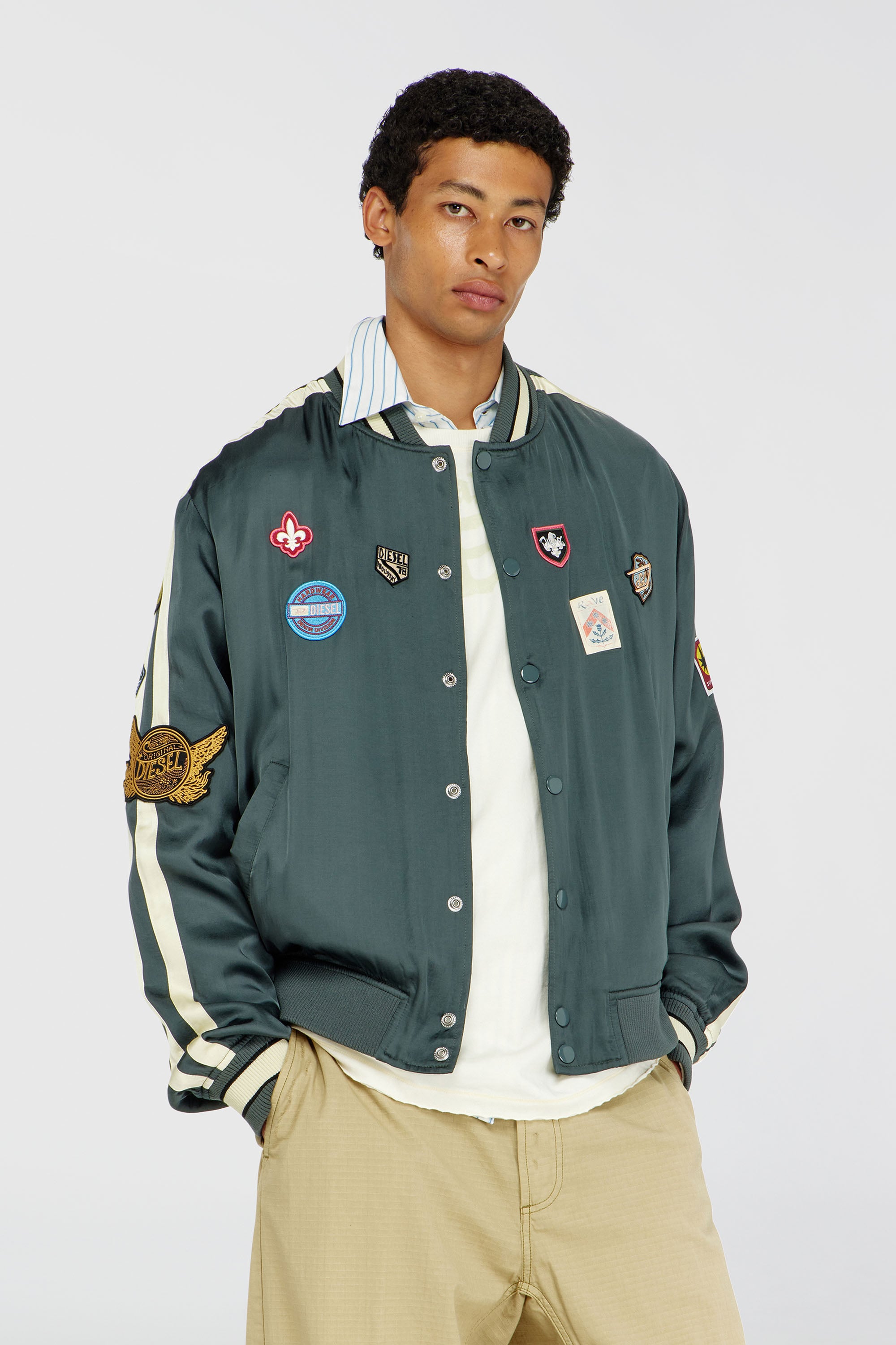 Diesel - J-ANNU, Man's Satin bomber jacket with patches in Dark Green - 3