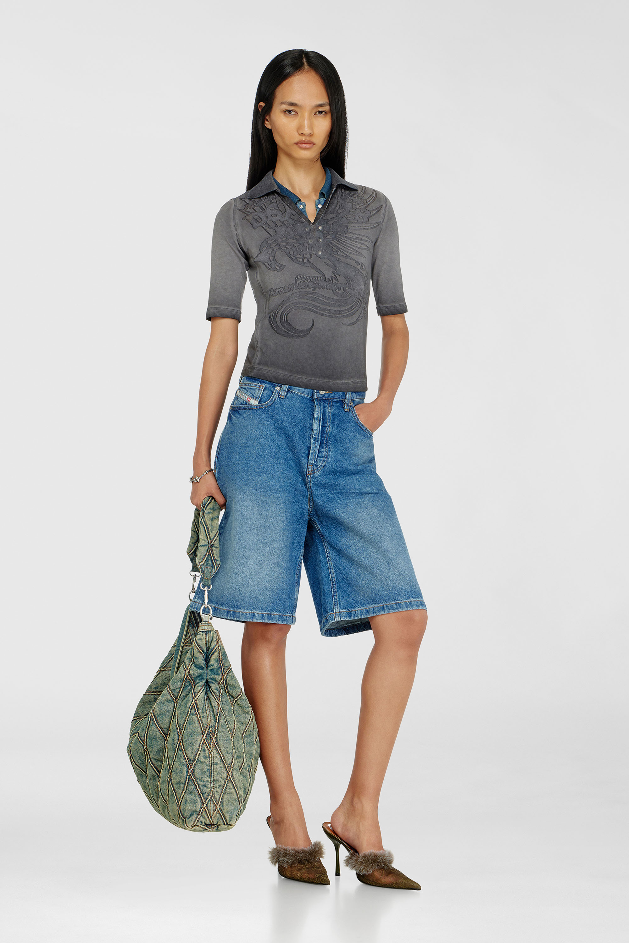 Diesel - T-BEA, Polo slim con estampado d&eacute;vor&eacute; Mujer in Gris - 2