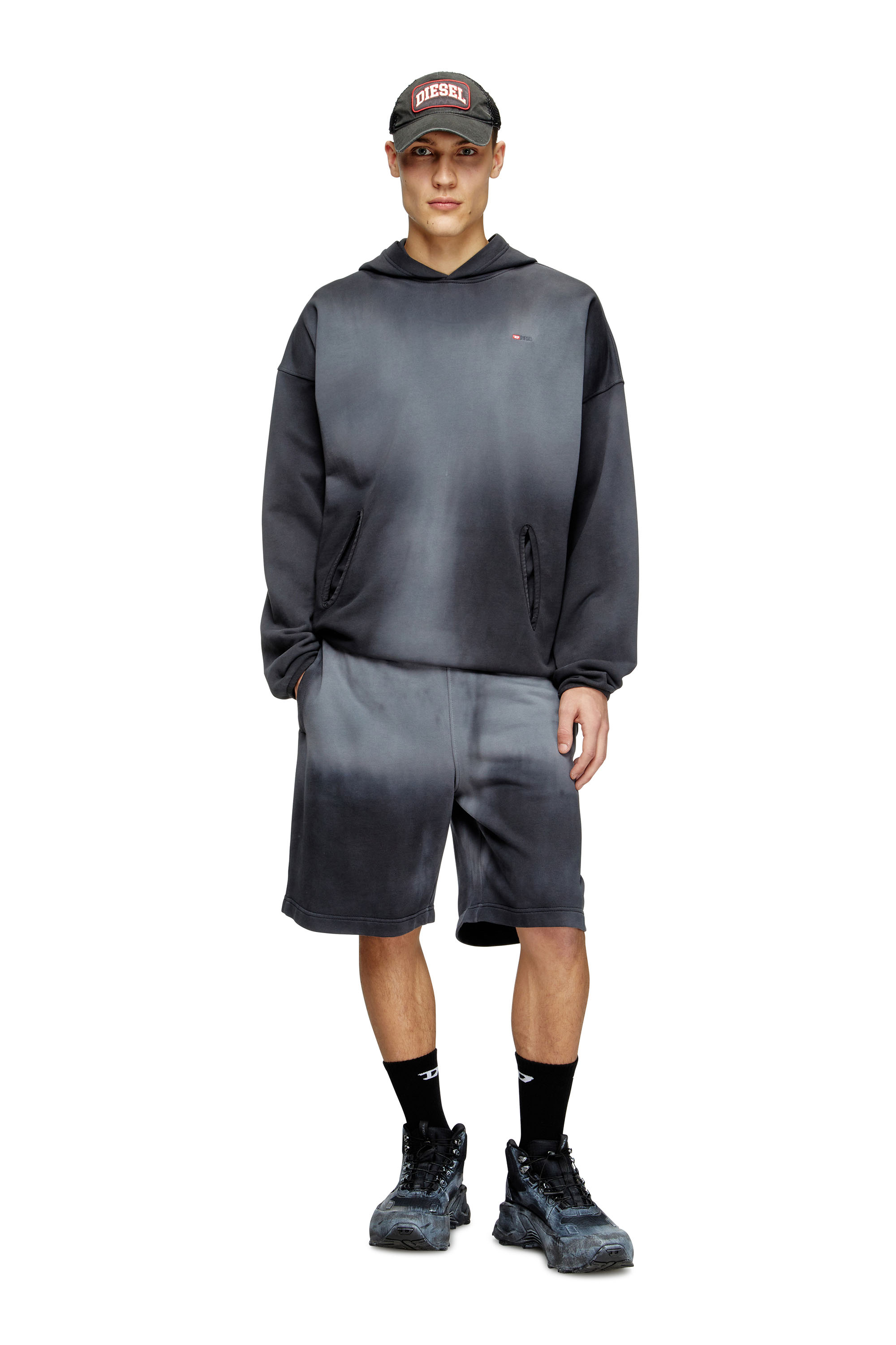 Diesel - S-EE-T1, Sudadera desteñida con capucha con logotipo micro Hombre in Negro - 1