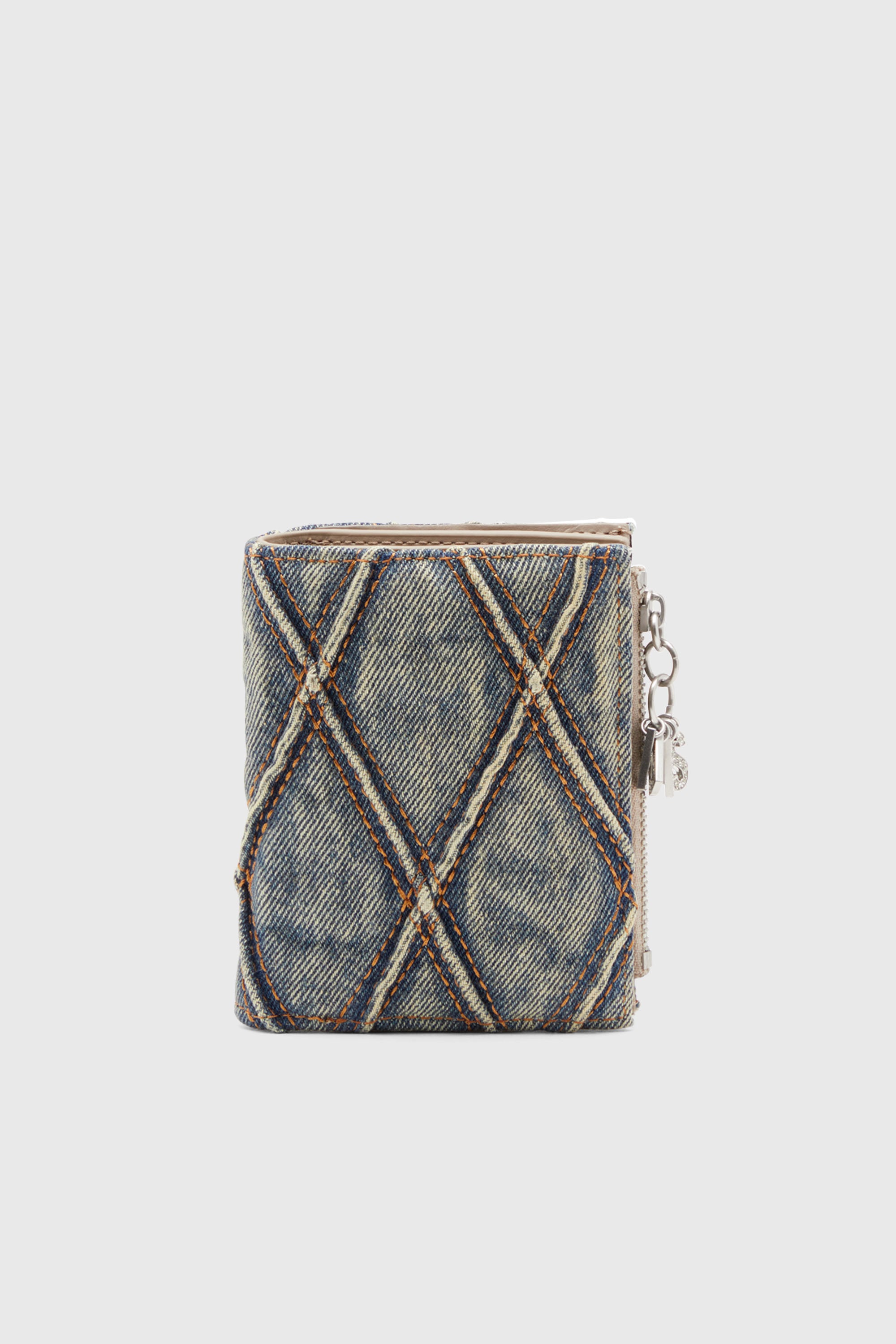 Diesel - CHARM D- BI FOLD ZIP II, Cartera peque&ntilde;a de denim acolchado con motivo Argyle Mujer in Azul marino - 1