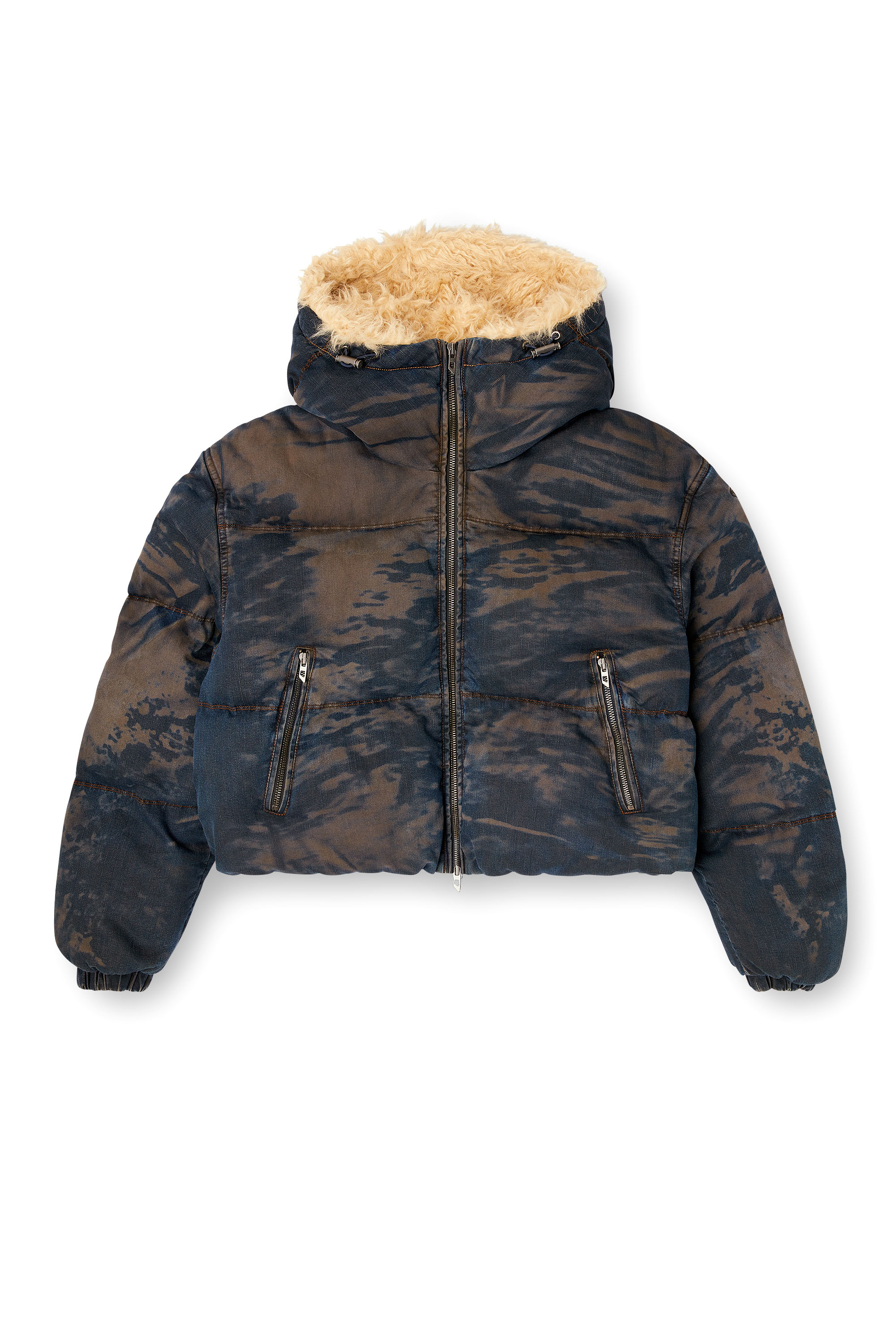 Diesel - W-AVES-FUR, Chaqueta de plumón con capucha y estampado de camuflaje efecto denim lavado Mujer in Multicolor - 2
