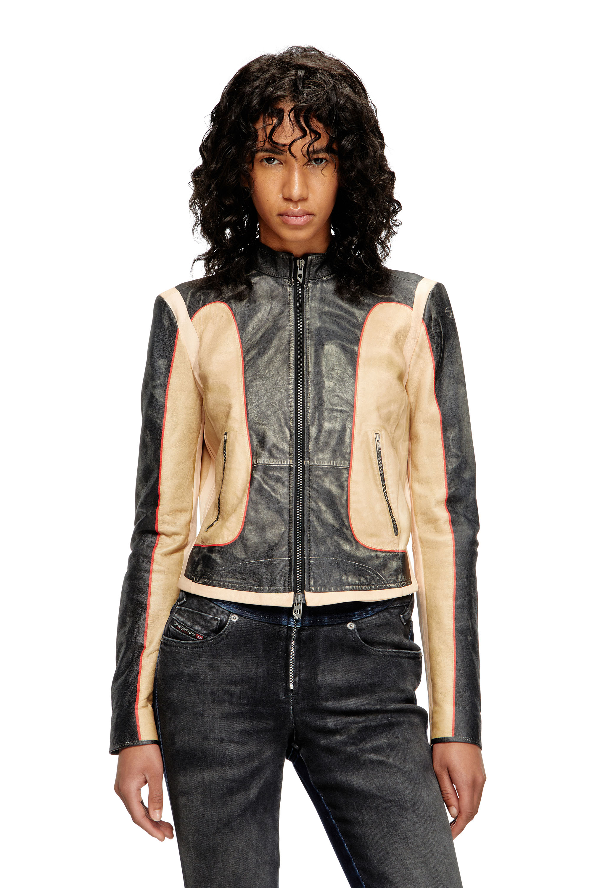 Diesel - L-OONIE, Chaqueta biker de cuero con efecto trampantojo Mujer in ToBeDefined - 1