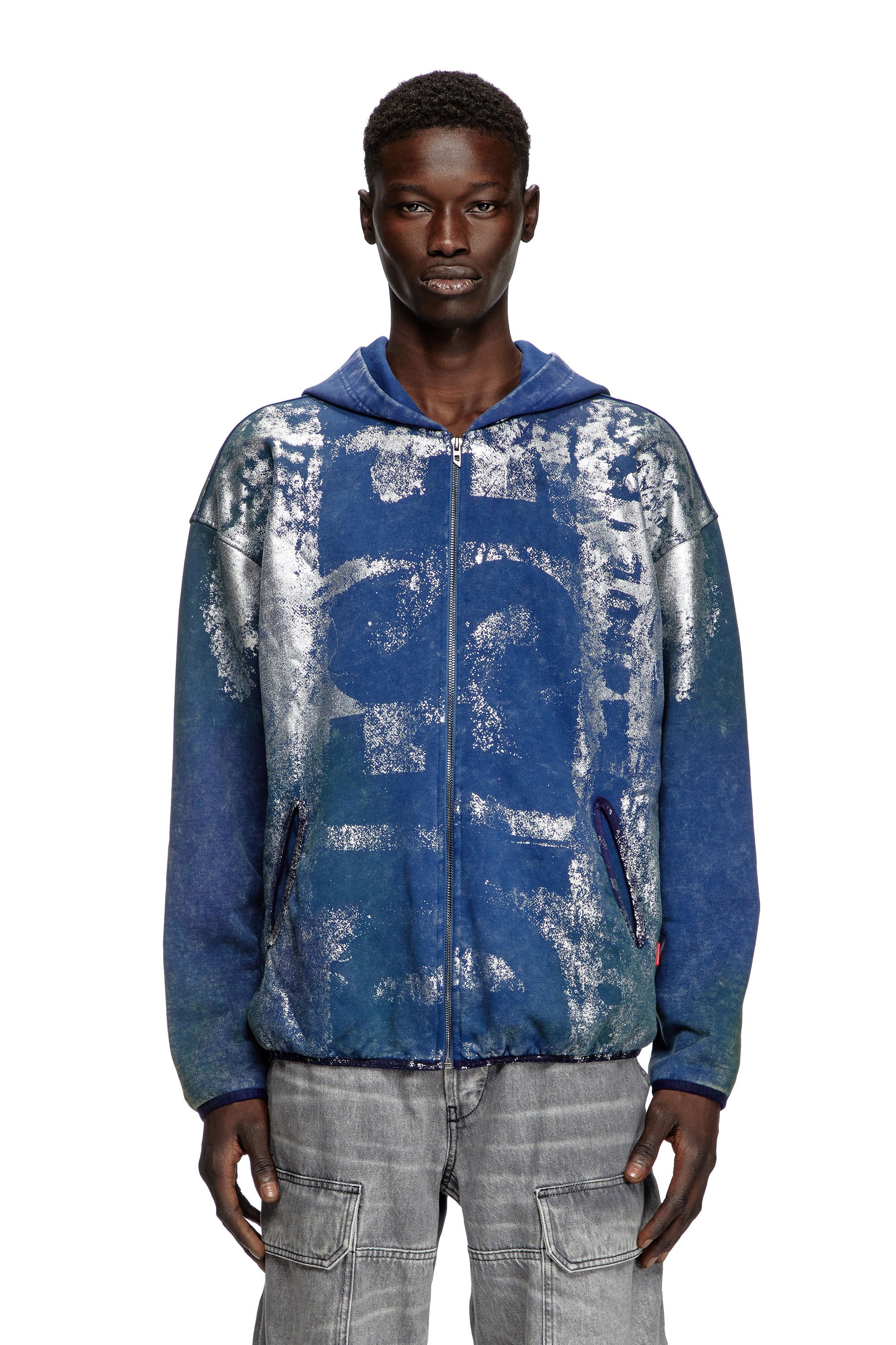 Diesel - S-LOXTY-ZIP, Sudadera con capucha, cremallera y efectos desgastados Hombre in Azul marino - 1