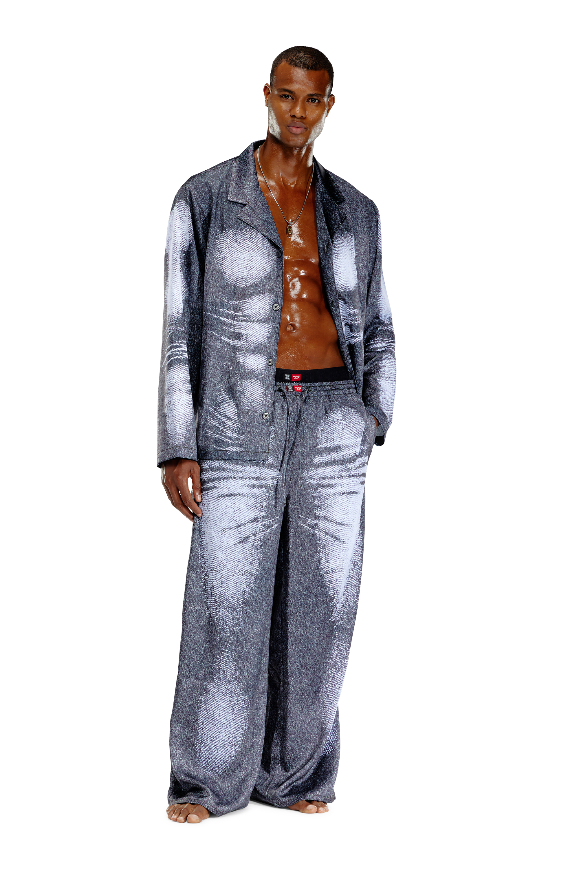 Diesel - STAINS-AND-TROMPE-SLEEP-PANT, Pantalones de pijama de satén con look denim Unisex in Gris - 1