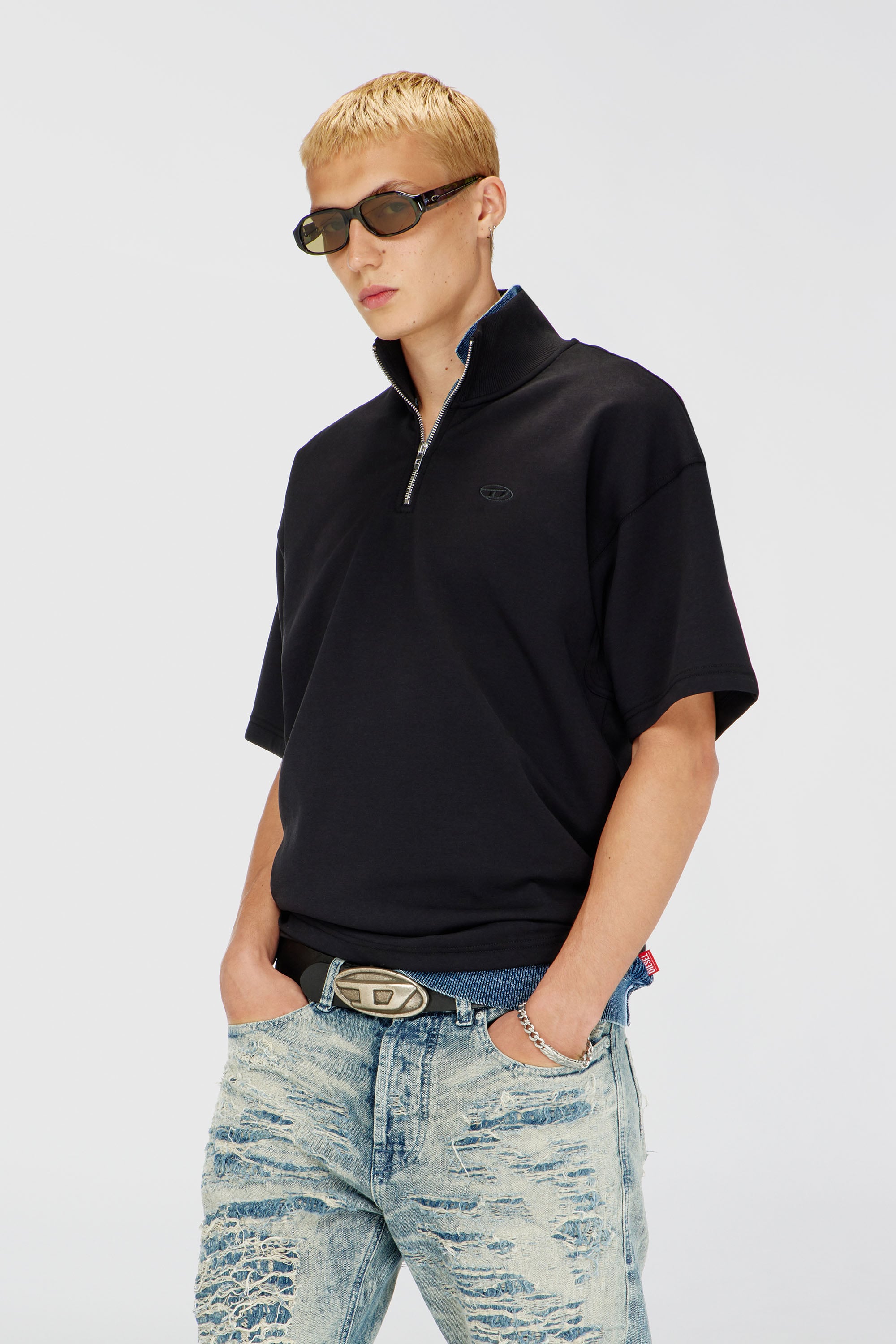Diesel - S-CUBY, Sudadera de manga corta con media cremallera en scuba ligero Hombre in Negro - 1