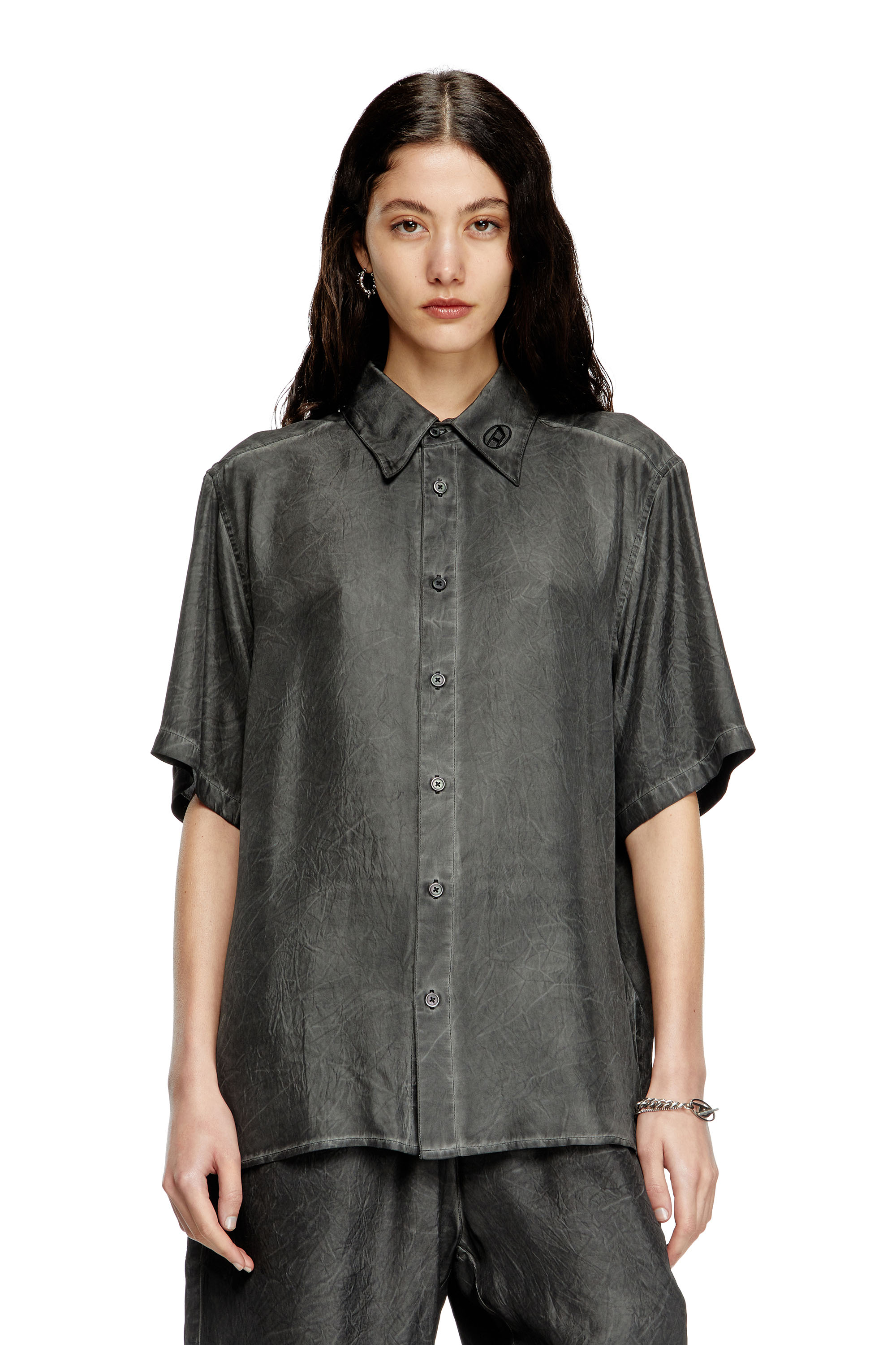 Diesel - S-LEON-SHORT, Unisex's Crinkled short-sleeve shirt with logo collar in null - 1