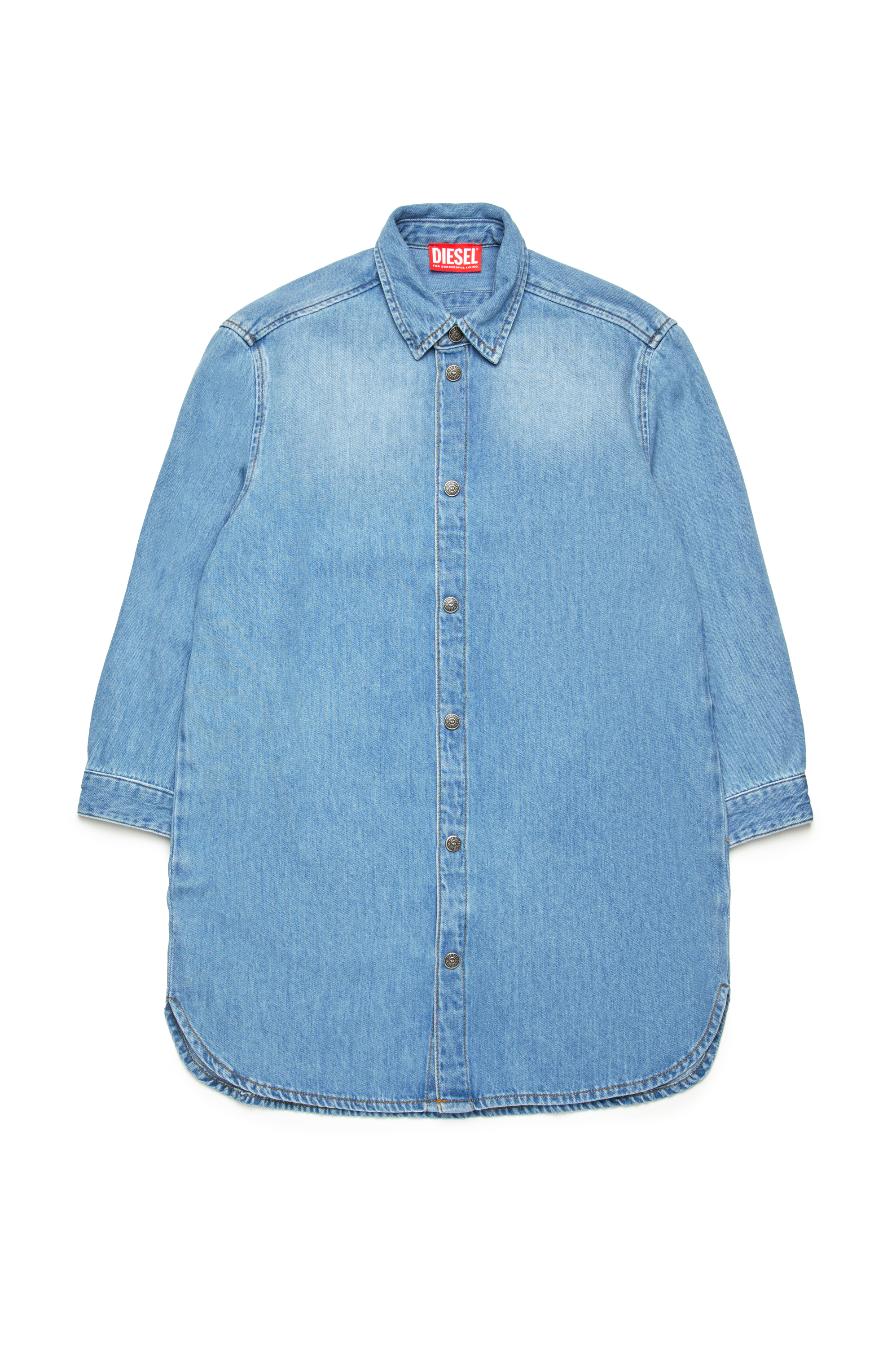 Diesel - DEBBLI, Vestido camisa de denim con logotipo Oval D deshilachado Mujer in Azul marino - 1