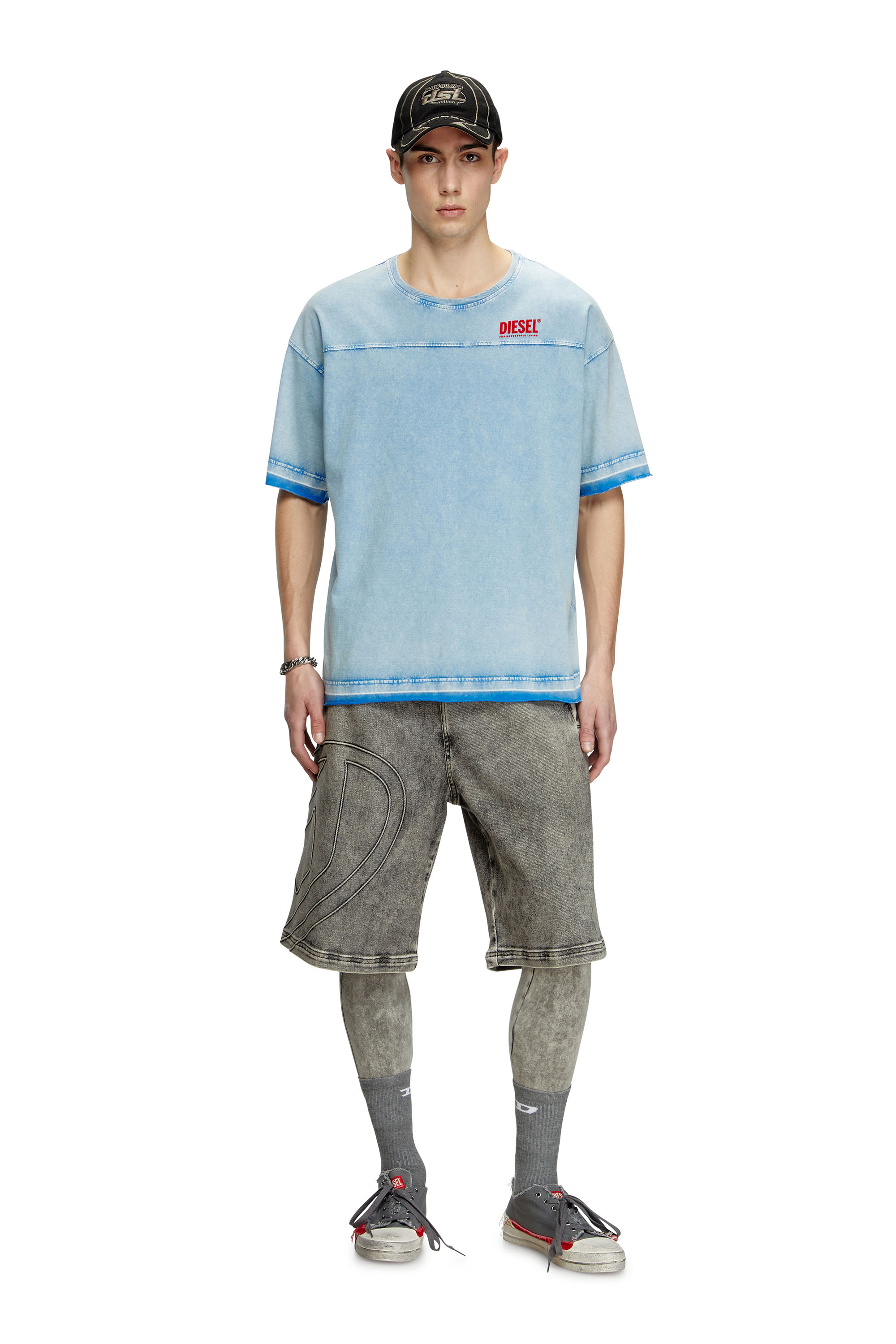 Diesel - T-HOXT, Camiseta con apariencia denim y dobladillos sueltos Hombre in Azul marino - 2