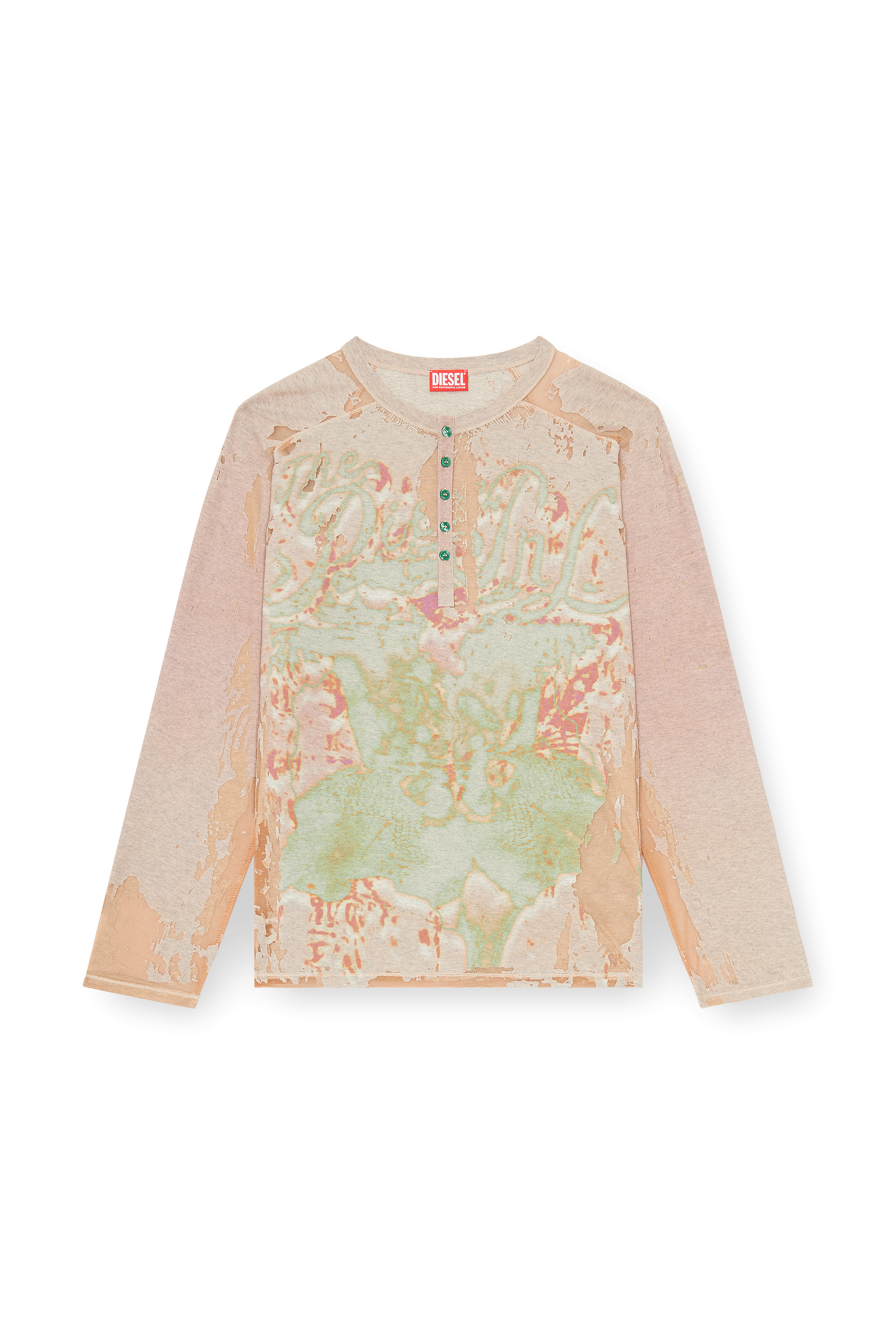 Diesel - T-LIVO-LS, Camiseta Henley de punto jersey devor&eacute; estampado Hombre in Beige - 3