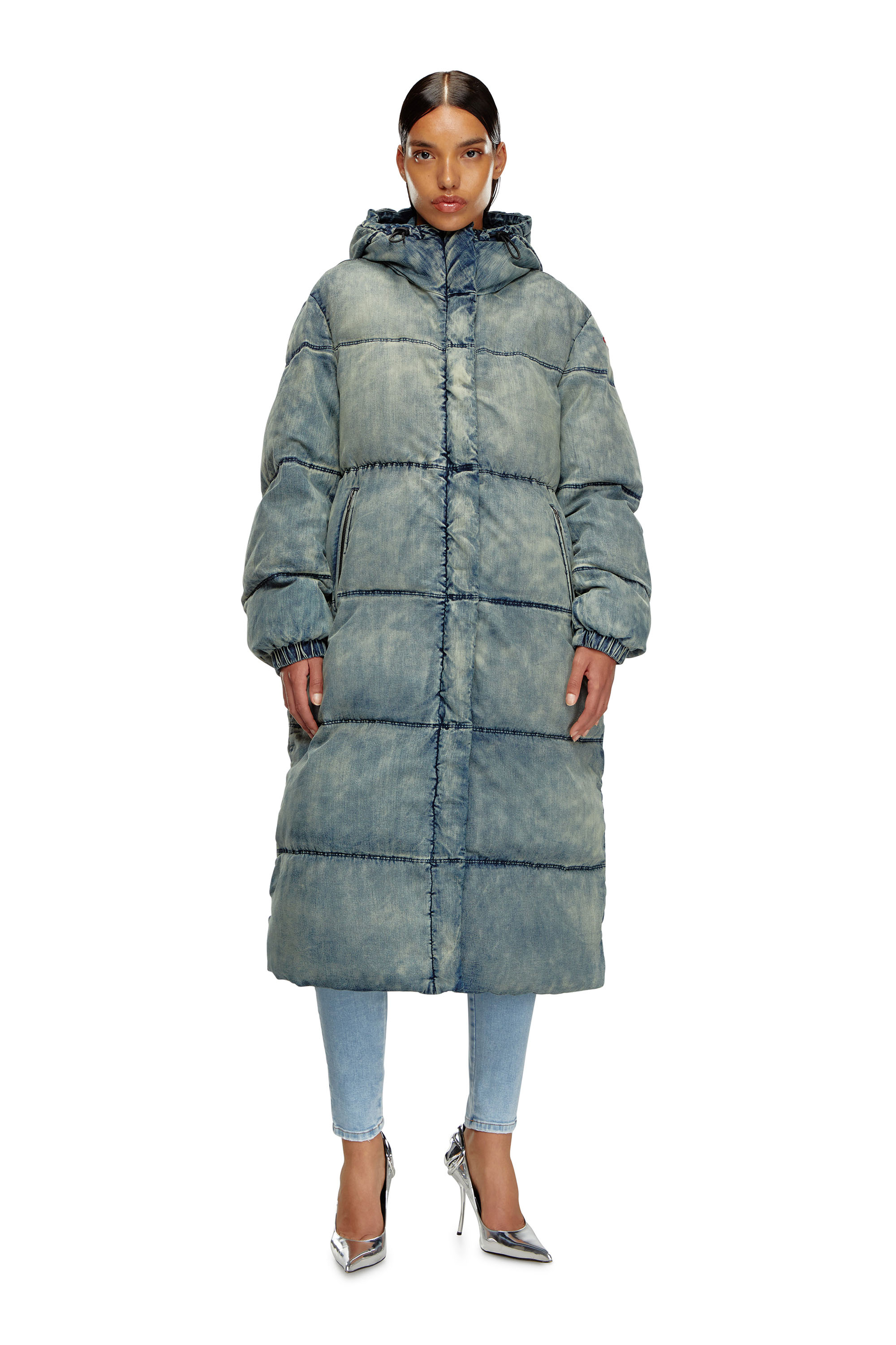 Diesel - W-AVES-LONG, Woman's Hooded puffer coat in stretch denim in Blue - 1