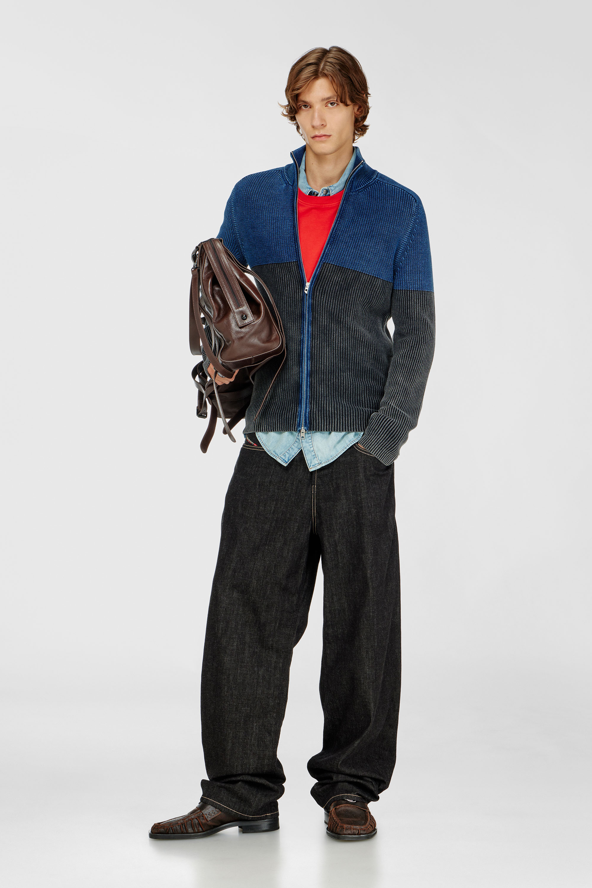 Diesel - K-HERMOS, C&aacute;rdigan con cremallera y efecto denim bicolor Hombre in Multicolor - 2