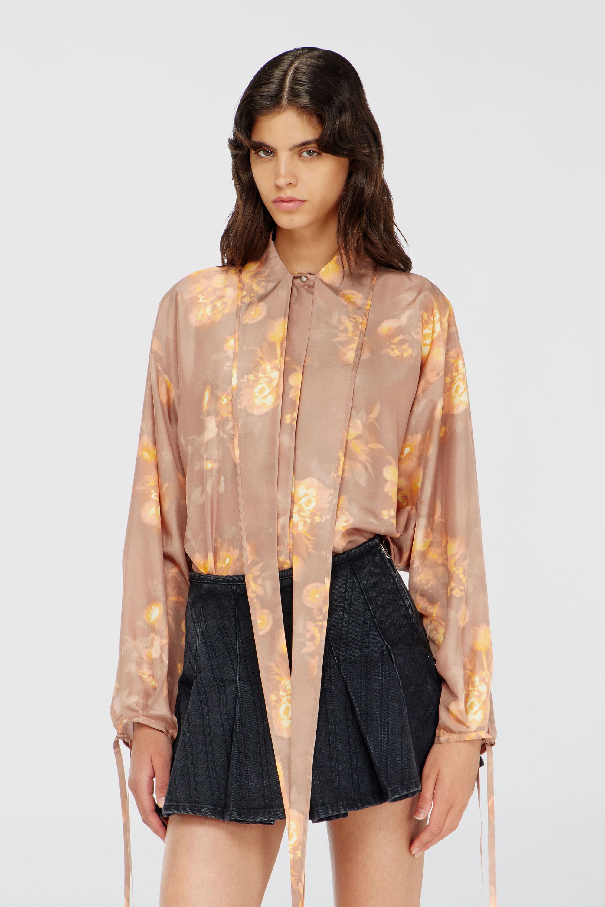 Diesel - C-ALLAS-T1, Camisa de seda habotai con estampado floral Mujer in Marr&oacute;n - 1