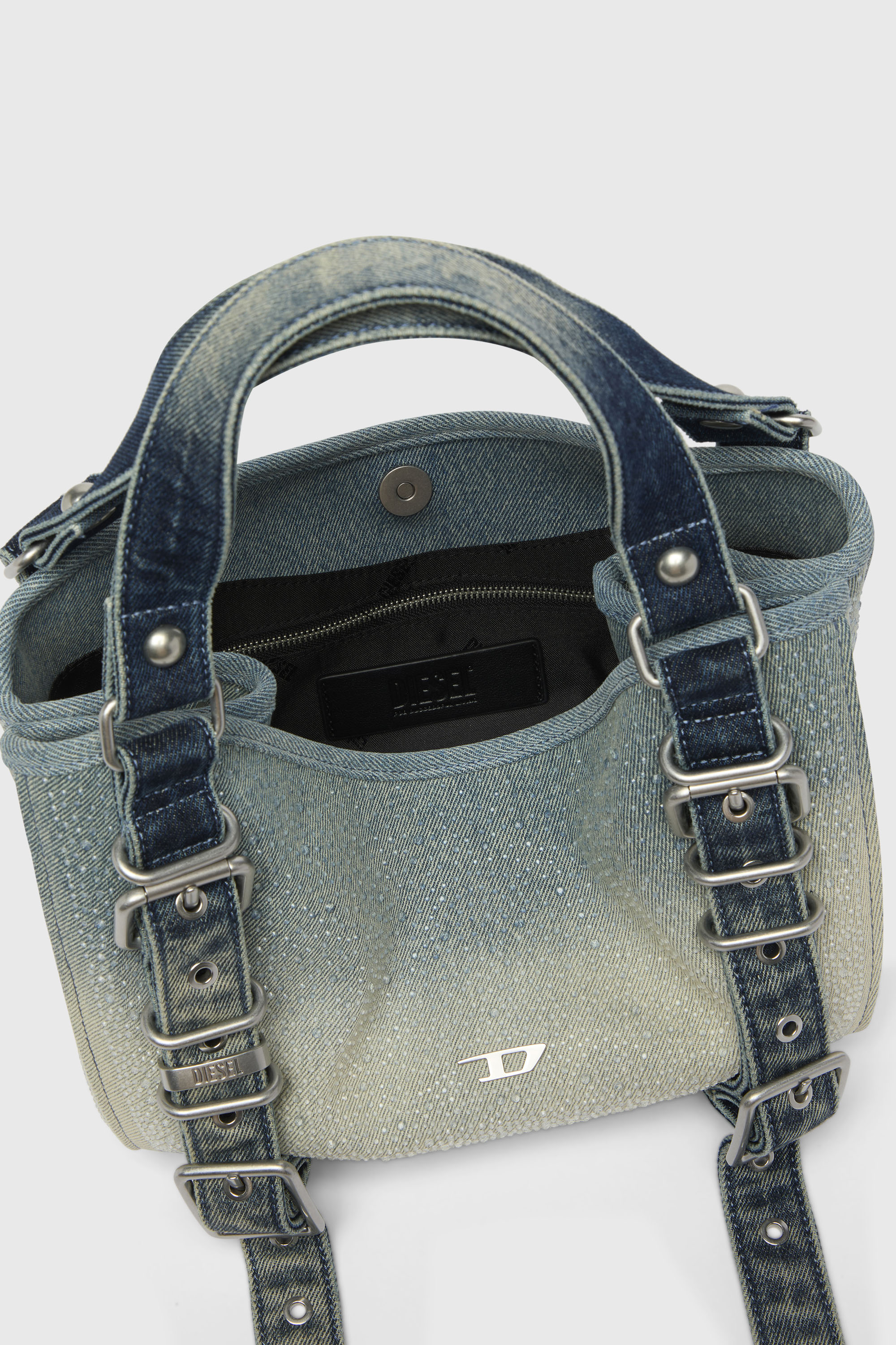 Diesel - D-ONE TOPHANDLE S, D-One-Bolso small con asa superior de denim solarizado con cristales Mujer in Azul marino - 4