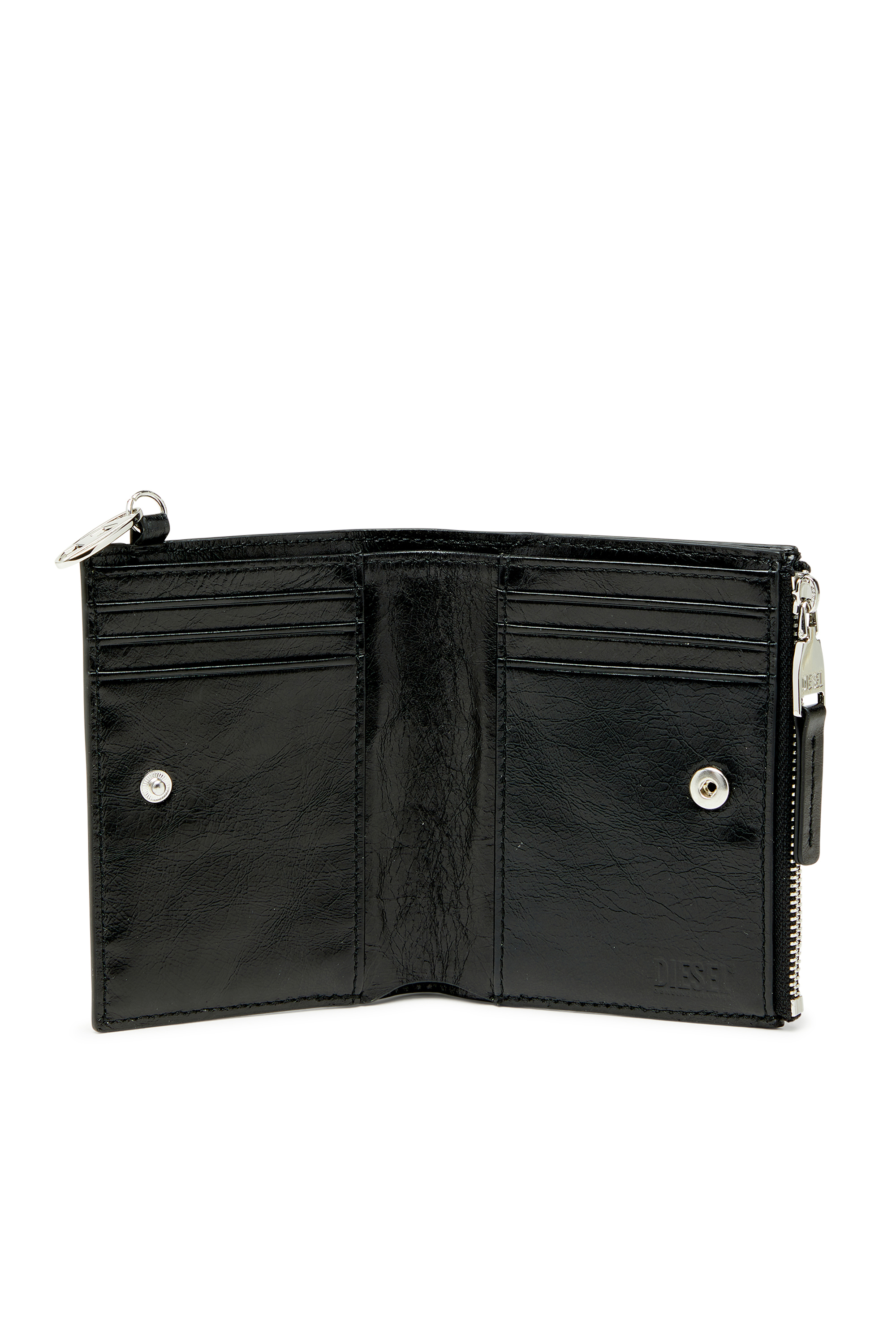 Diesel - OVAL-D BI FOLD ZIP II, Cartera de piel tipo bi-fold con motivo de cadena grabado Mujer in Negro - 3