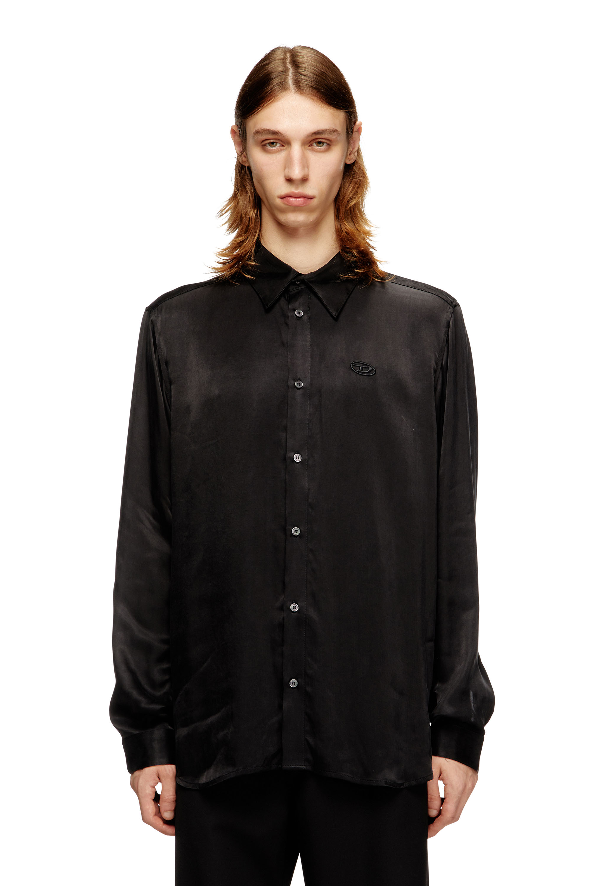 Diesel - S-SIMPLY-AJFU, Camisa de cupro con logo bordado Hombre in Negro - 1