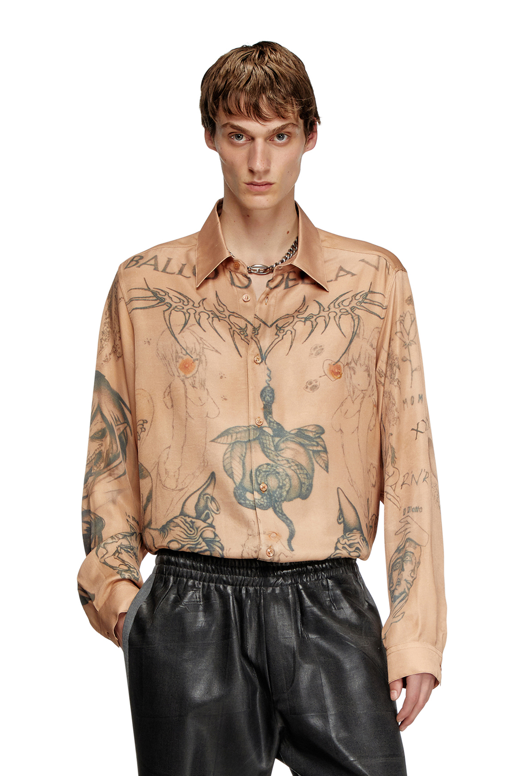 Diesel - S-SIMPLY-TTO-DD, Camisa de satén fluido con estampado de tatuaje Unisex in Beige - 1