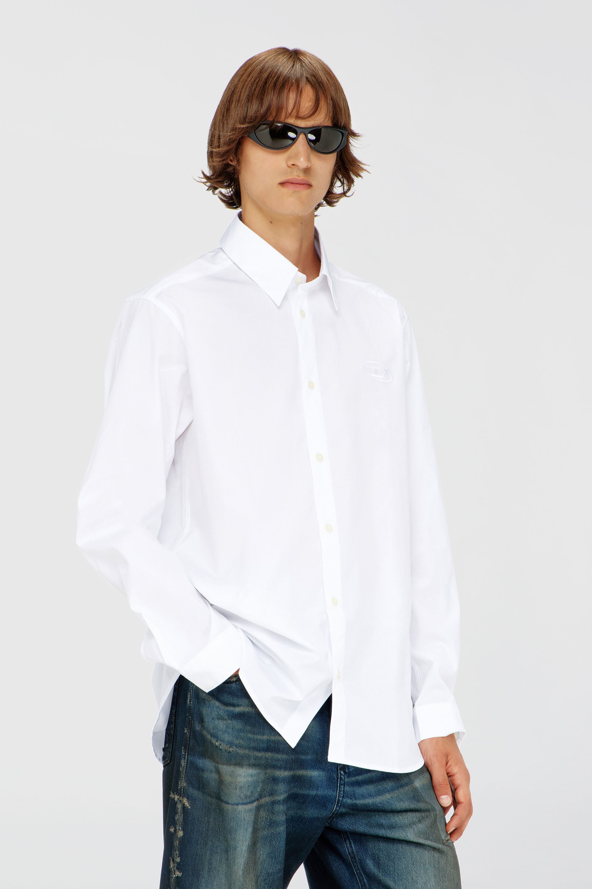 Diesel - S-SIMPLY-GSBH, Camisa de popelina el&aacute;stica con bordado Hombre in Blanco - 1