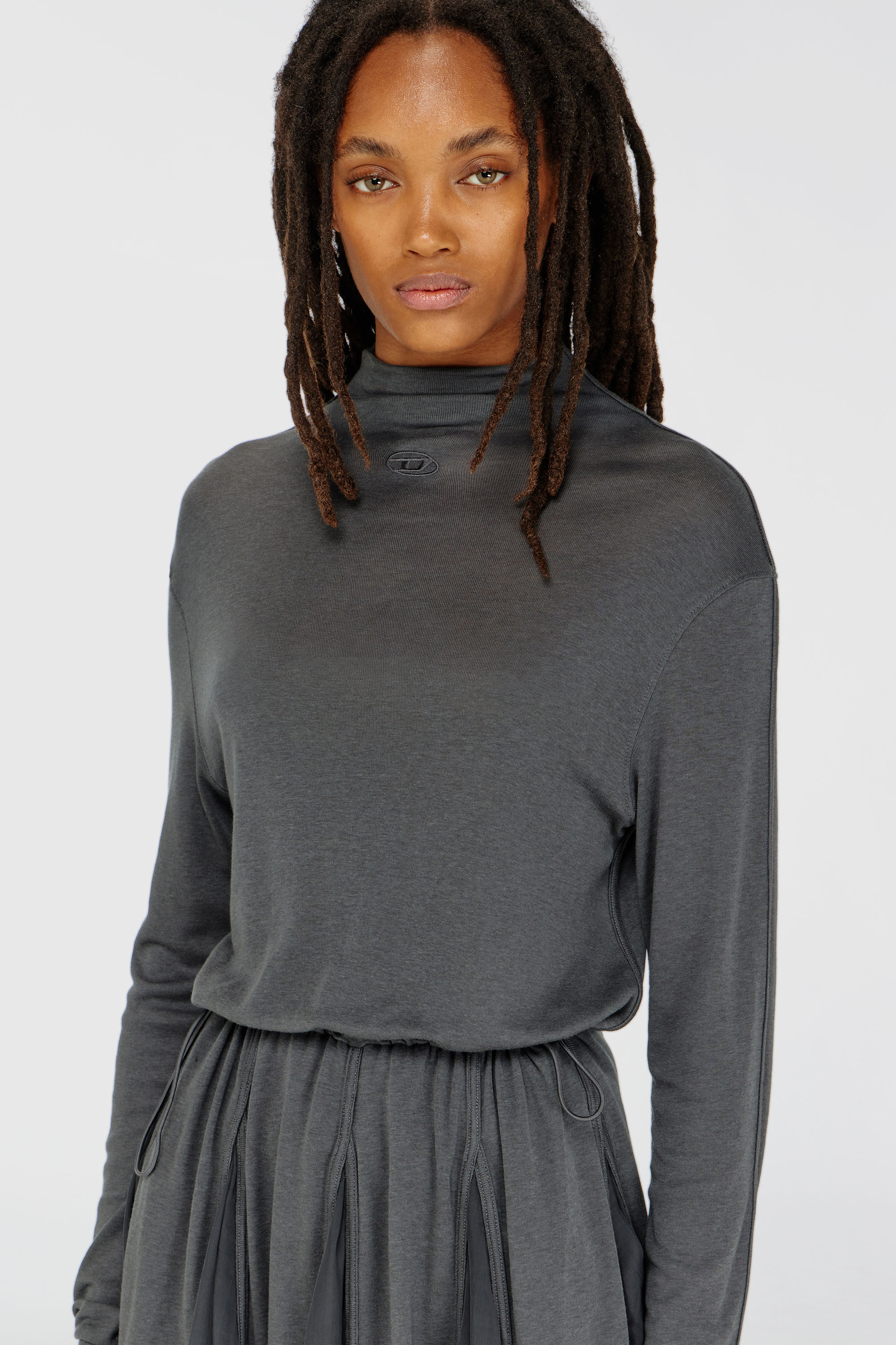 Diesel - D-REI, Vestido mini de cuello alto en punto y gasa Mujer in Gris - 5