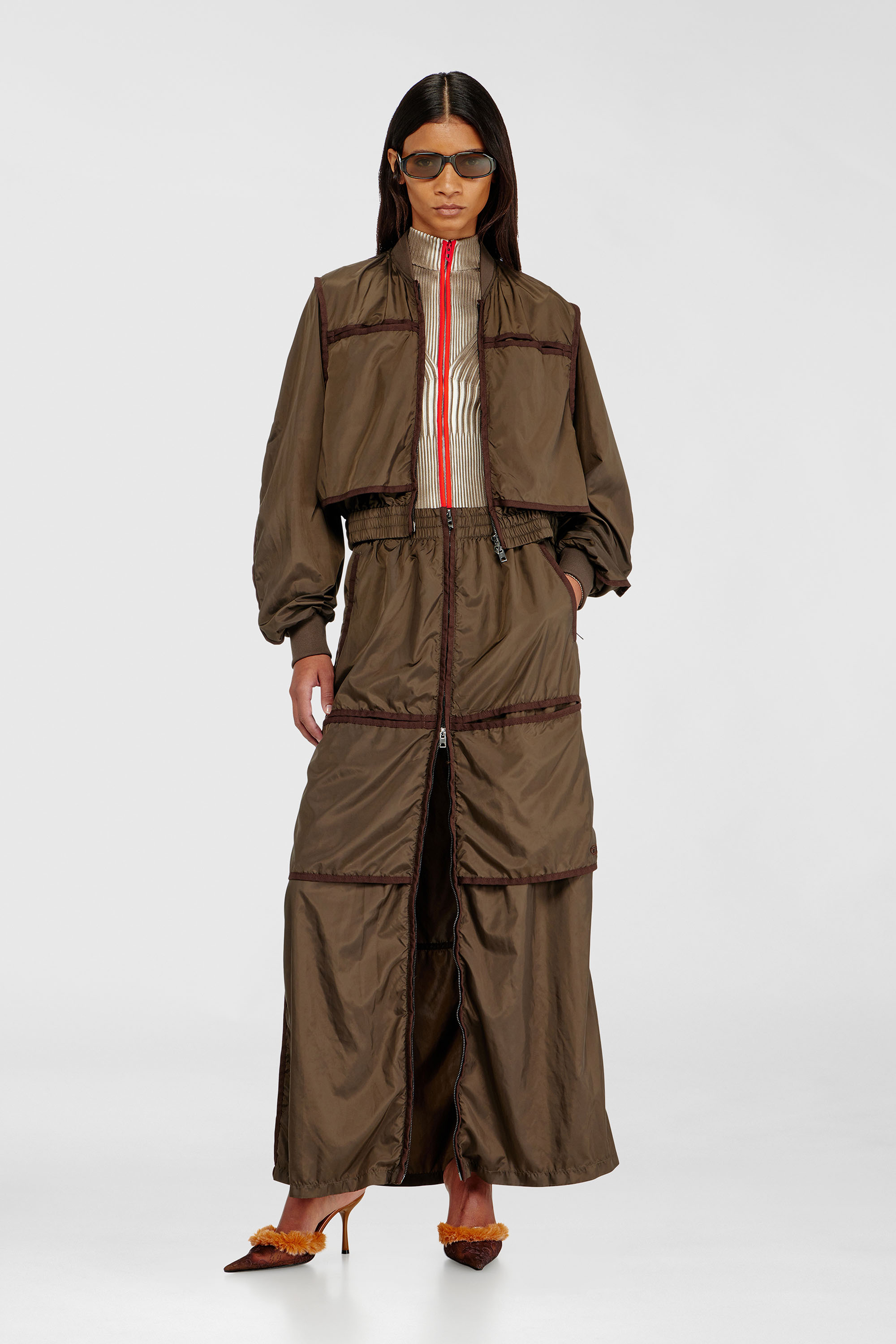 Diesel - O-HYTON, Falda maxi tipo windbreaker con cremallera frontal Mujer in Marr&oacute;n - 1